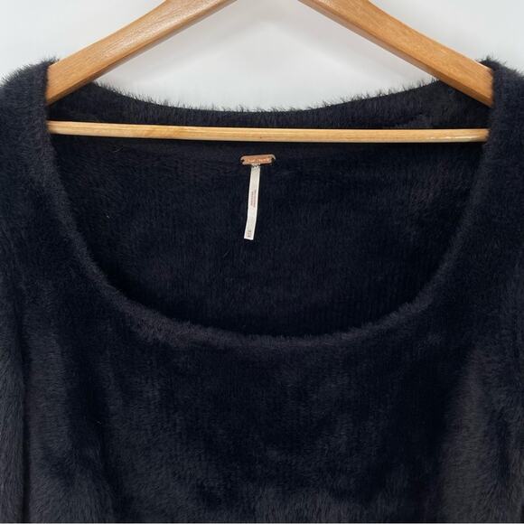 Free People Grunge Boho Moonbeam 3/4 Puff Sleeve Pullover Cropped Sweater Black - Picture 5 of 16